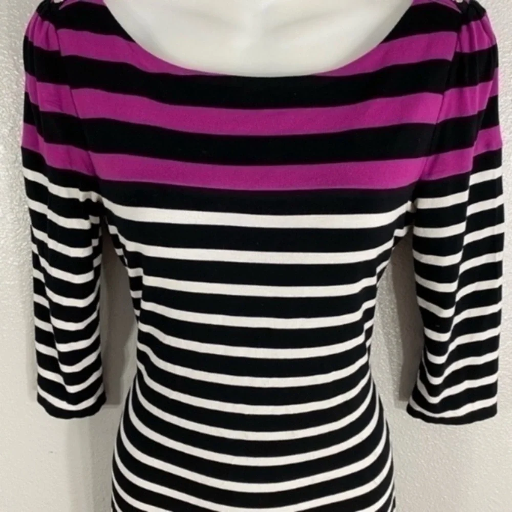 White House Black Market black white magenta stripe 3/4 sleeve dress XS AA6